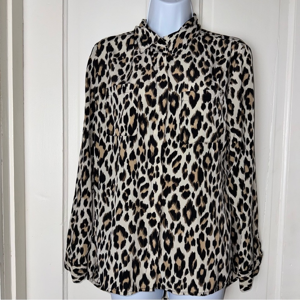 Chico's Brown And Black Cheetah Print Button Down Shirt Long Sleeve Chicos Sz 1